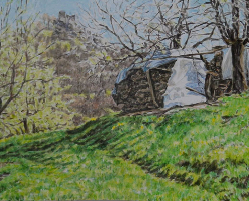 Frühling im Neidlinger Tal mit Blick auf den Reußenstein, Öl auf Holz, 20 x 50 cm, 2014